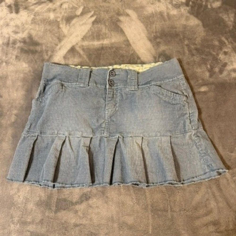 Vintage Plugg Skirt Womens Size 9 Blue Corduroy Pleated Mini Low Rise Y2K Casual